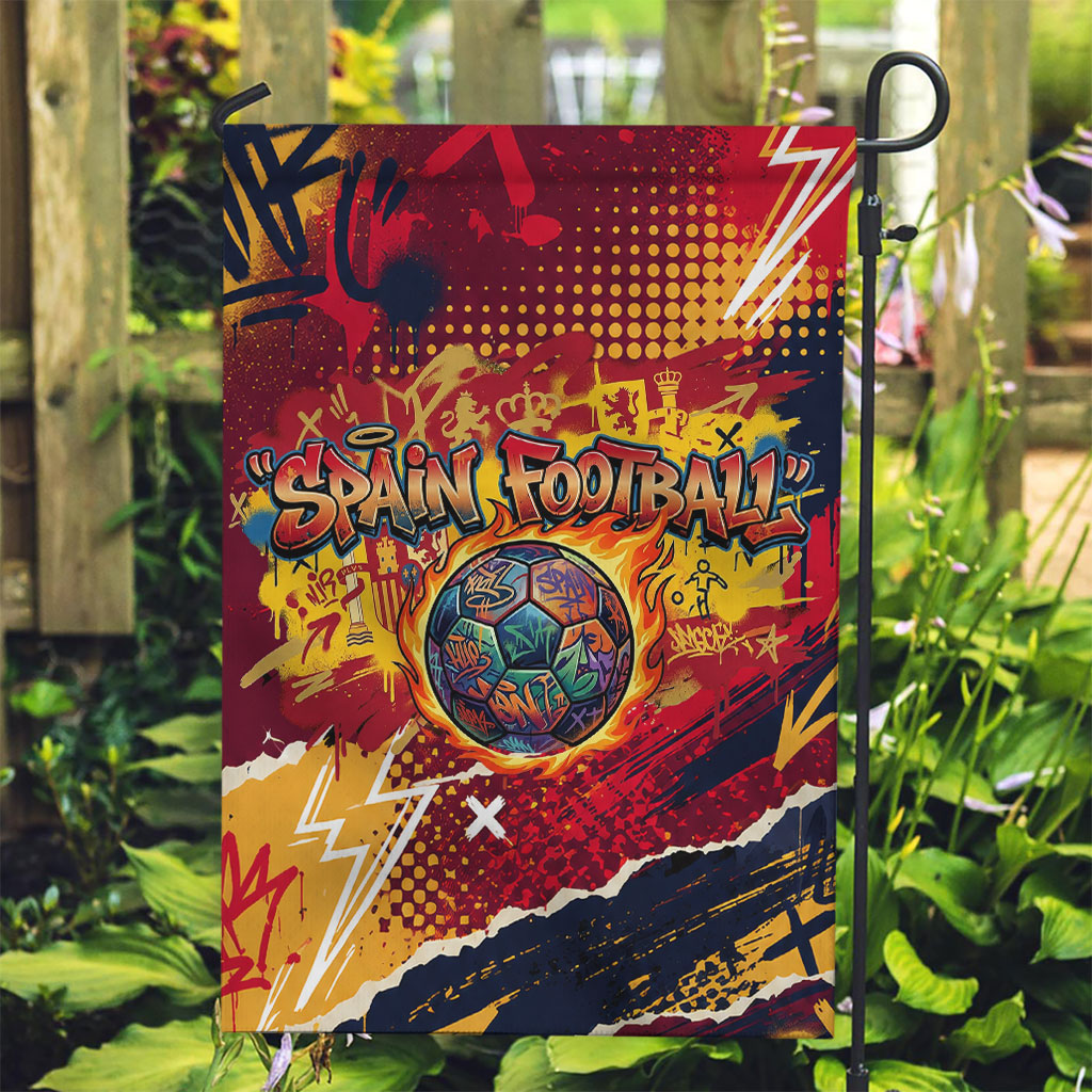Spain Football Rule The Pitch Garden Flag Urban Graffiti Soccer Player Flaming Ball