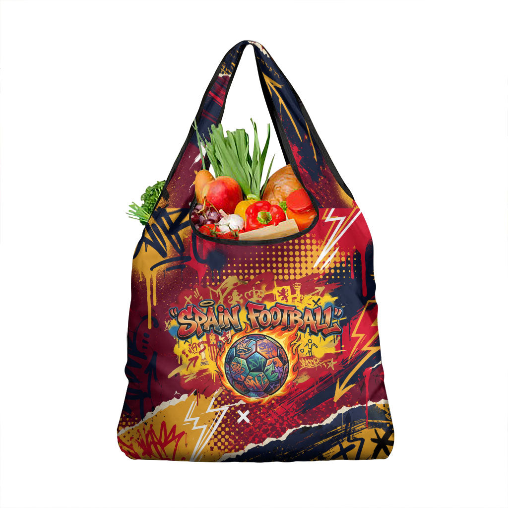 Spain Football Rule The Pitch Grocery Bag Urban Graffiti Soccer Player Flaming Ball