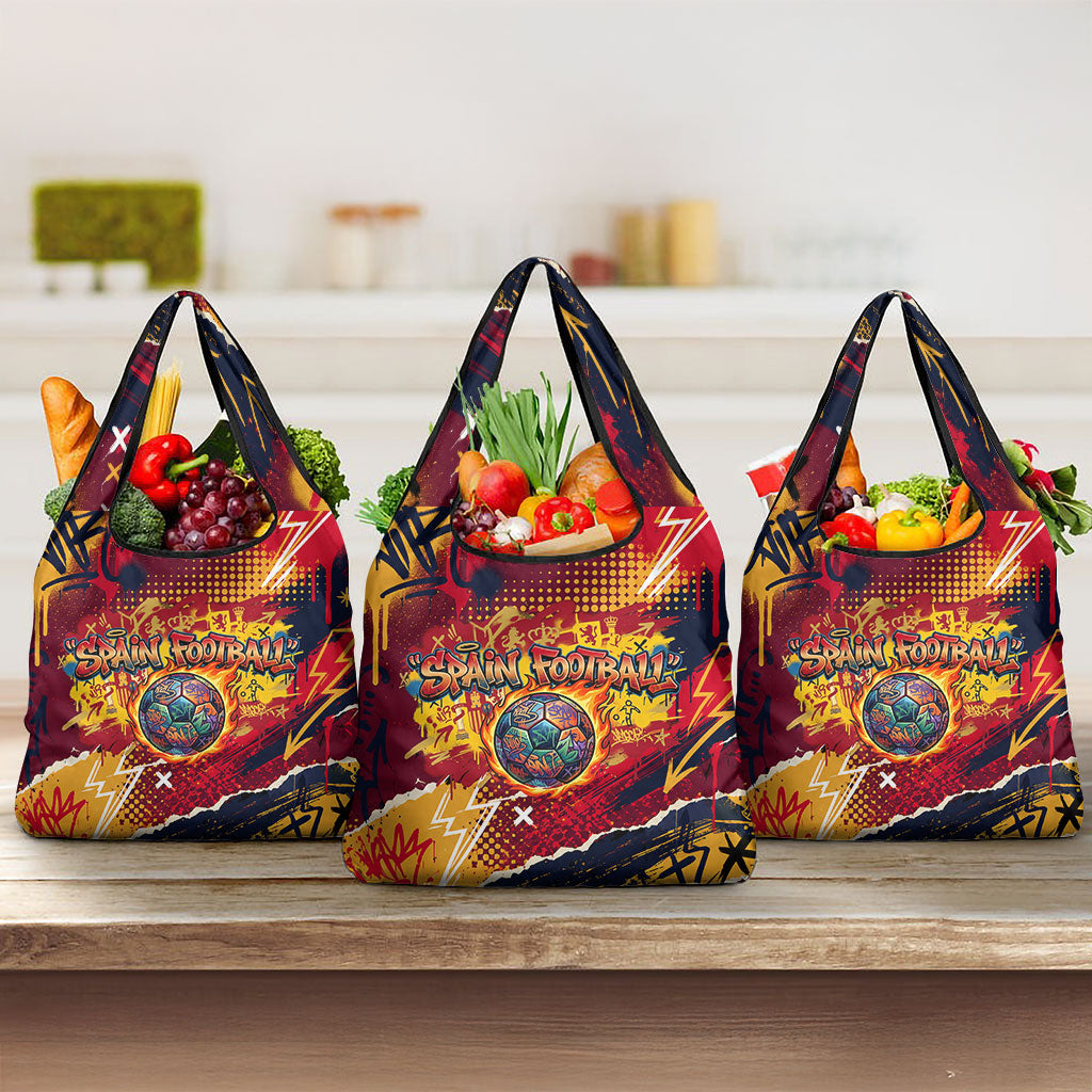 Spain Football Rule The Pitch Grocery Bag Urban Graffiti Soccer Player Flaming Ball