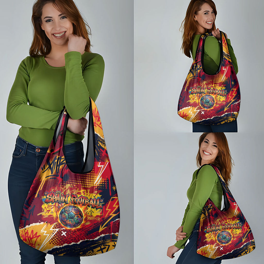 Spain Football Rule The Pitch Grocery Bag Urban Graffiti Soccer Player Flaming Ball