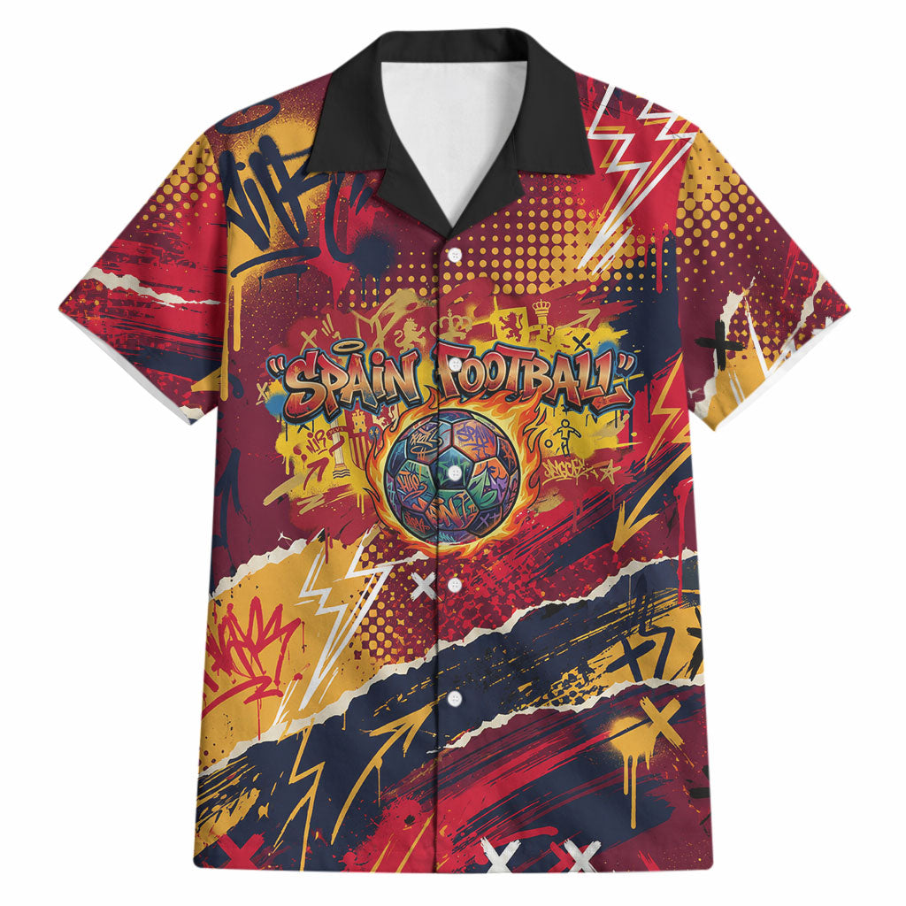 Spain Football Rule The Pitch Hawaiian Shirt Urban Graffiti Soccer Player Flaming Ball