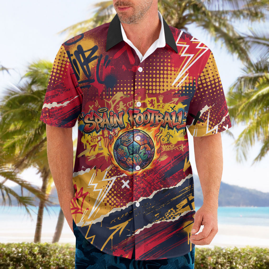 Spain Football Rule The Pitch Hawaiian Shirt Urban Graffiti Soccer Player Flaming Ball