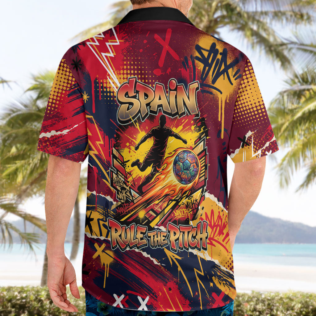 Spain Football Rule The Pitch Hawaiian Shirt Urban Graffiti Soccer Player Flaming Ball