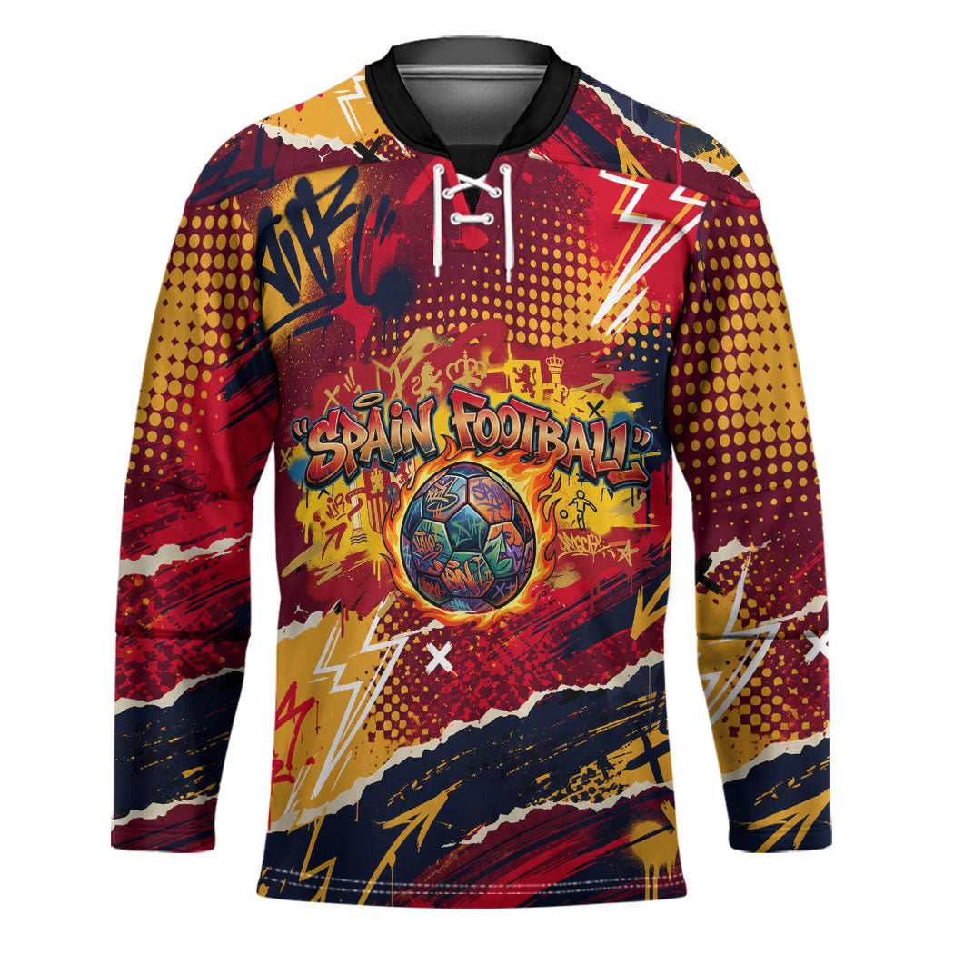 Spain Football Rule The Pitch Hockey Jersey Urban Graffiti Soccer Player Flaming Ball