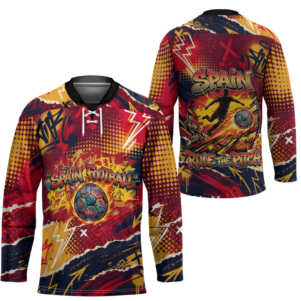 Spain Football Rule The Pitch Hockey Jersey Urban Graffiti Soccer Player Flaming Ball