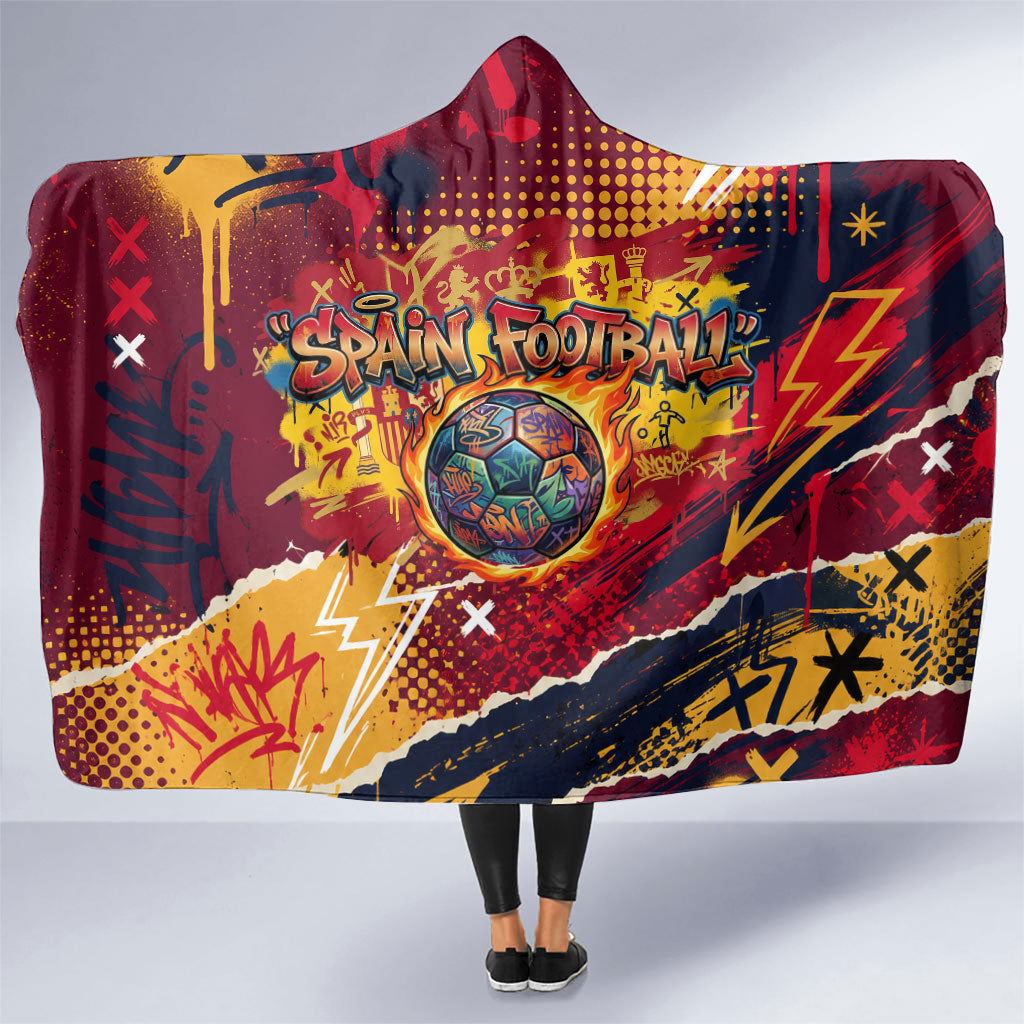 Spain Football Rule The Pitch Hooded Blanket Urban Graffiti Soccer Player Flaming Ball