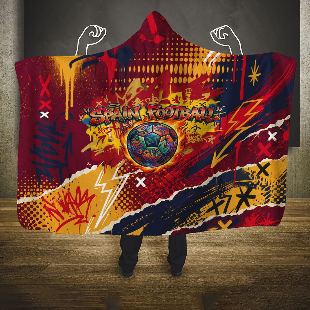 Spain Football Rule The Pitch Hooded Blanket Urban Graffiti Soccer Player Flaming Ball