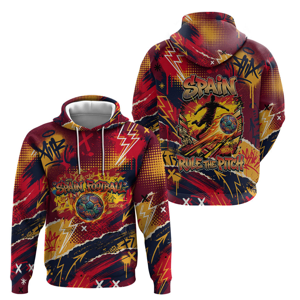 Spain Football Rule The Pitch Hoodie Urban Graffiti Soccer Player Flaming Ball