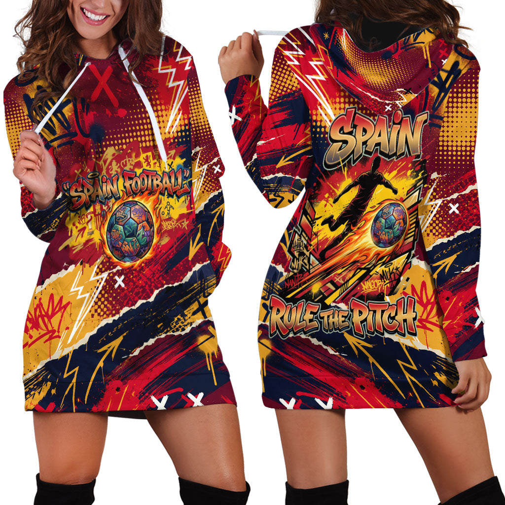 Spain Football Rule The Pitch Hoodie Dress Urban Graffiti Soccer Player Flaming Ball