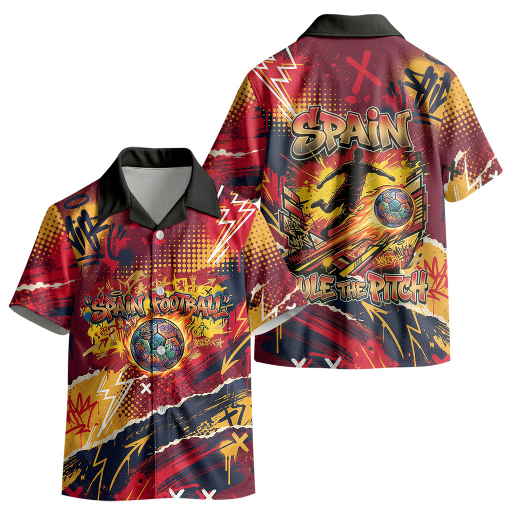Spain Football Rule The Pitch Kid Hawaiian Shirt Urban Graffiti Soccer Player Flaming Ball