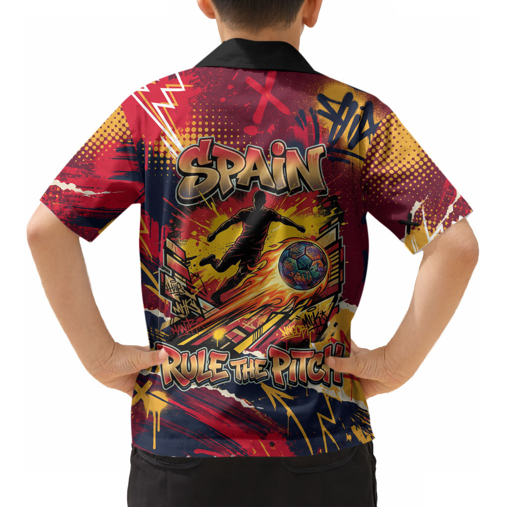 Spain Football Rule The Pitch Kid Hawaiian Shirt Urban Graffiti Soccer Player Flaming Ball