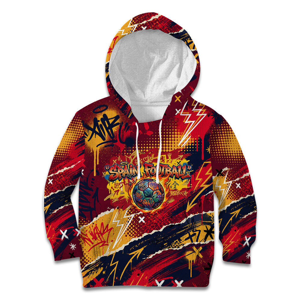 Spain Football Rule The Pitch Kid Hoodie Urban Graffiti Soccer Player Flaming Ball