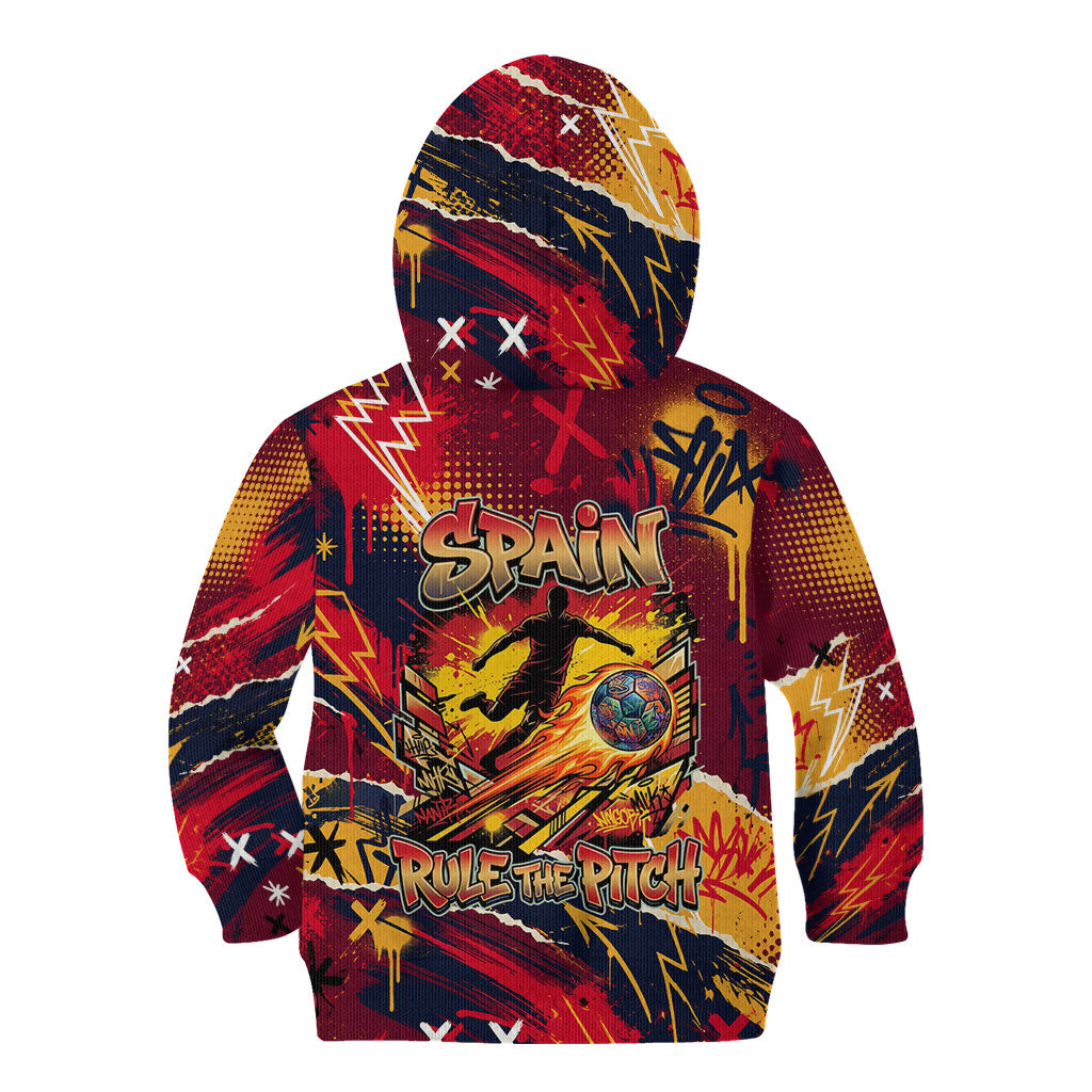 Spain Football Rule The Pitch Kid Hoodie Urban Graffiti Soccer Player Flaming Ball