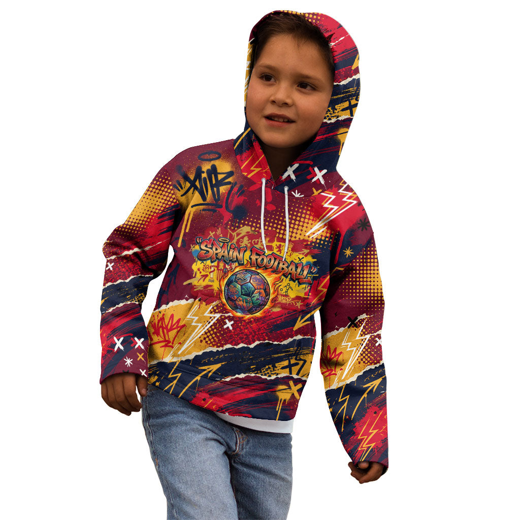 Spain Football Rule The Pitch Kid Hoodie Urban Graffiti Soccer Player Flaming Ball