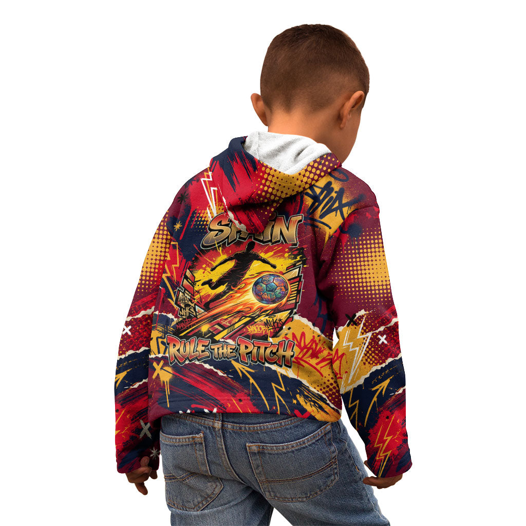 Spain Football Rule The Pitch Kid Hoodie Urban Graffiti Soccer Player Flaming Ball