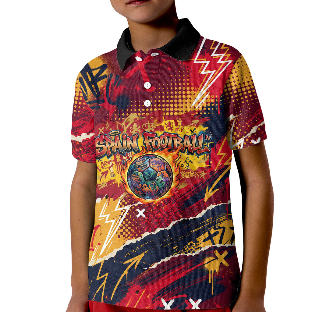 Spain Football Rule The Pitch Kid Polo Shirt Urban Graffiti Soccer Player Flaming Ball