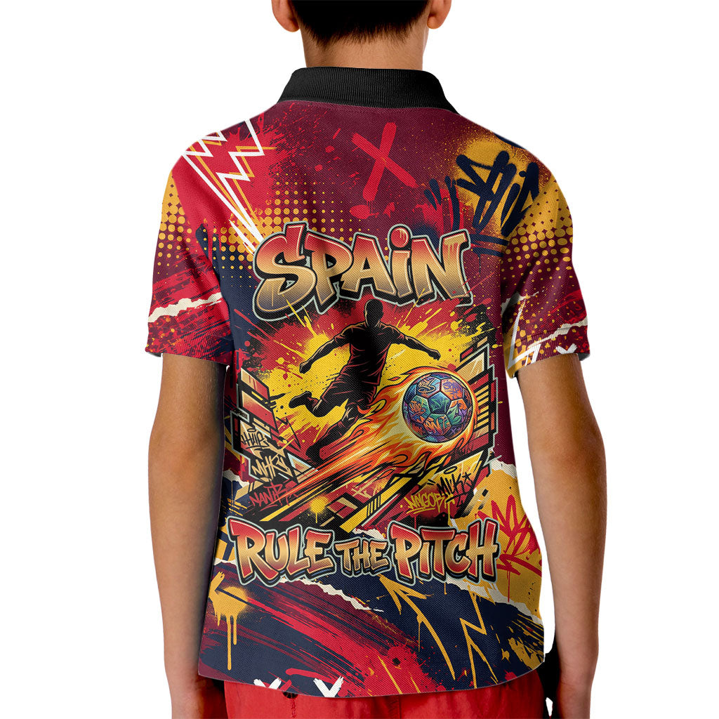 Spain Football Rule The Pitch Kid Polo Shirt Urban Graffiti Soccer Player Flaming Ball