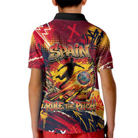 Spain Football Rule The Pitch Kid Polo Shirt Urban Graffiti Soccer Player Flaming Ball