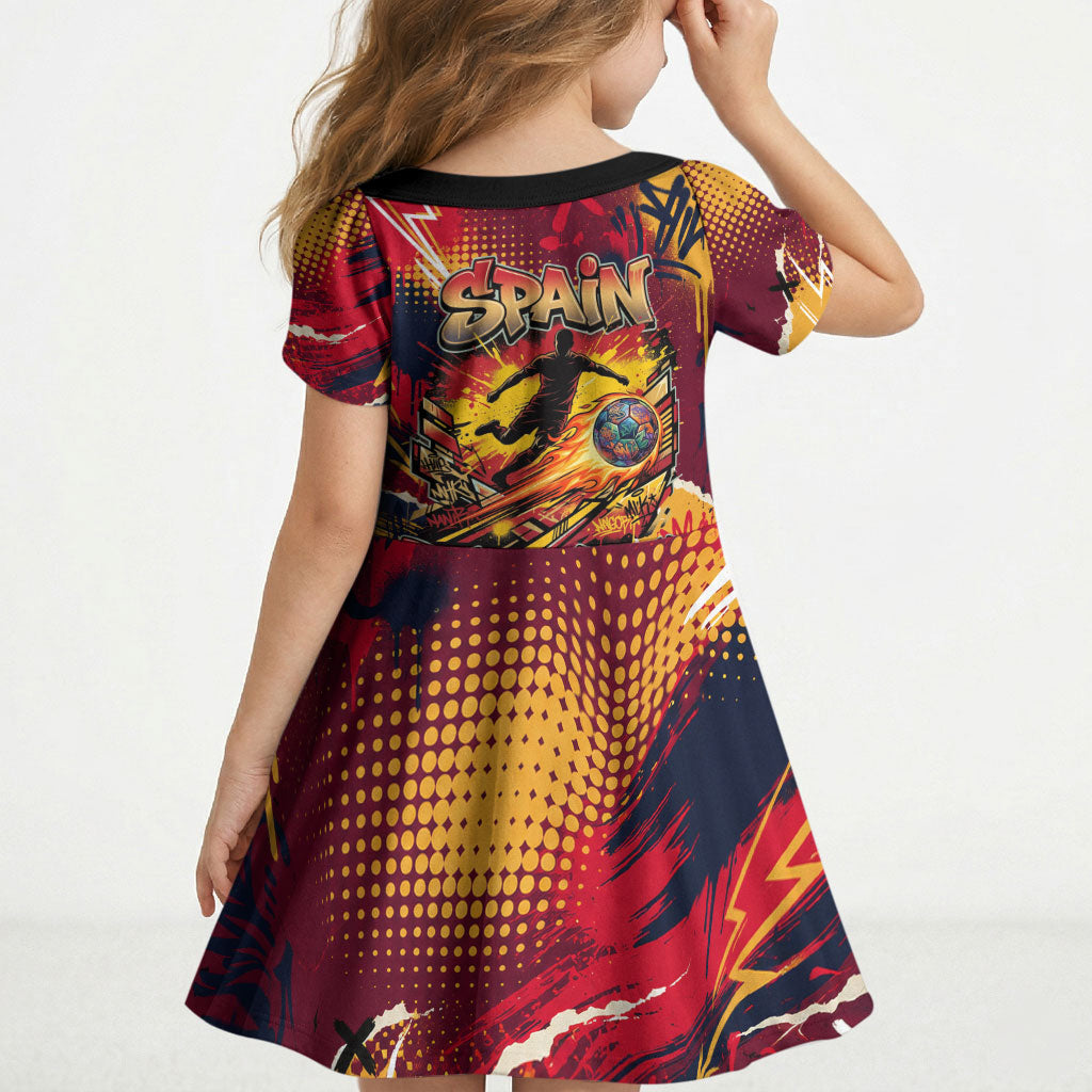 Spain Football Rule The Pitch Kid Short Sleeve Dress Urban Graffiti Soccer Player Flaming Ball