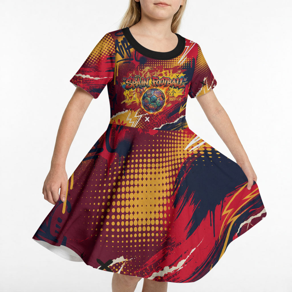 Spain Football Rule The Pitch Kid Short Sleeve Dress Urban Graffiti Soccer Player Flaming Ball
