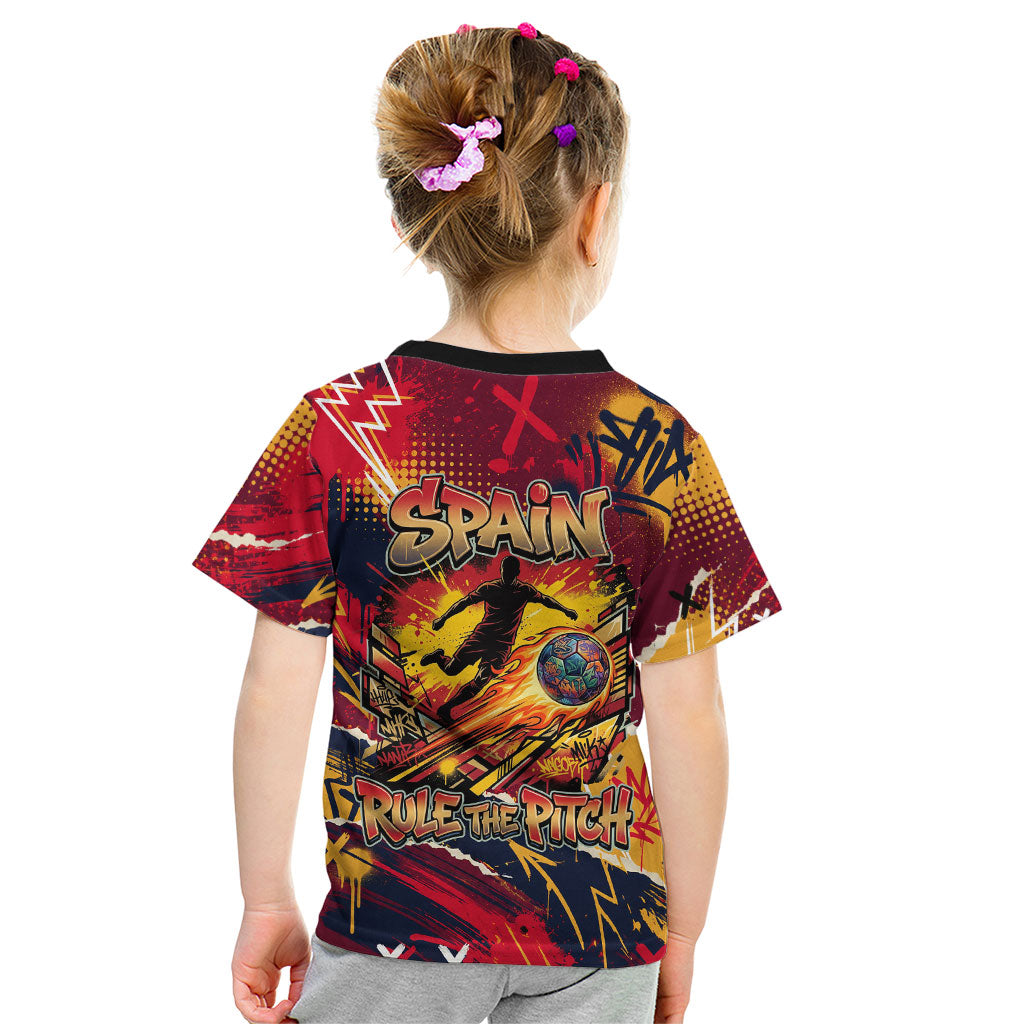Spain Football Rule The Pitch Kid T Shirt Urban Graffiti Soccer Player Flaming Ball
