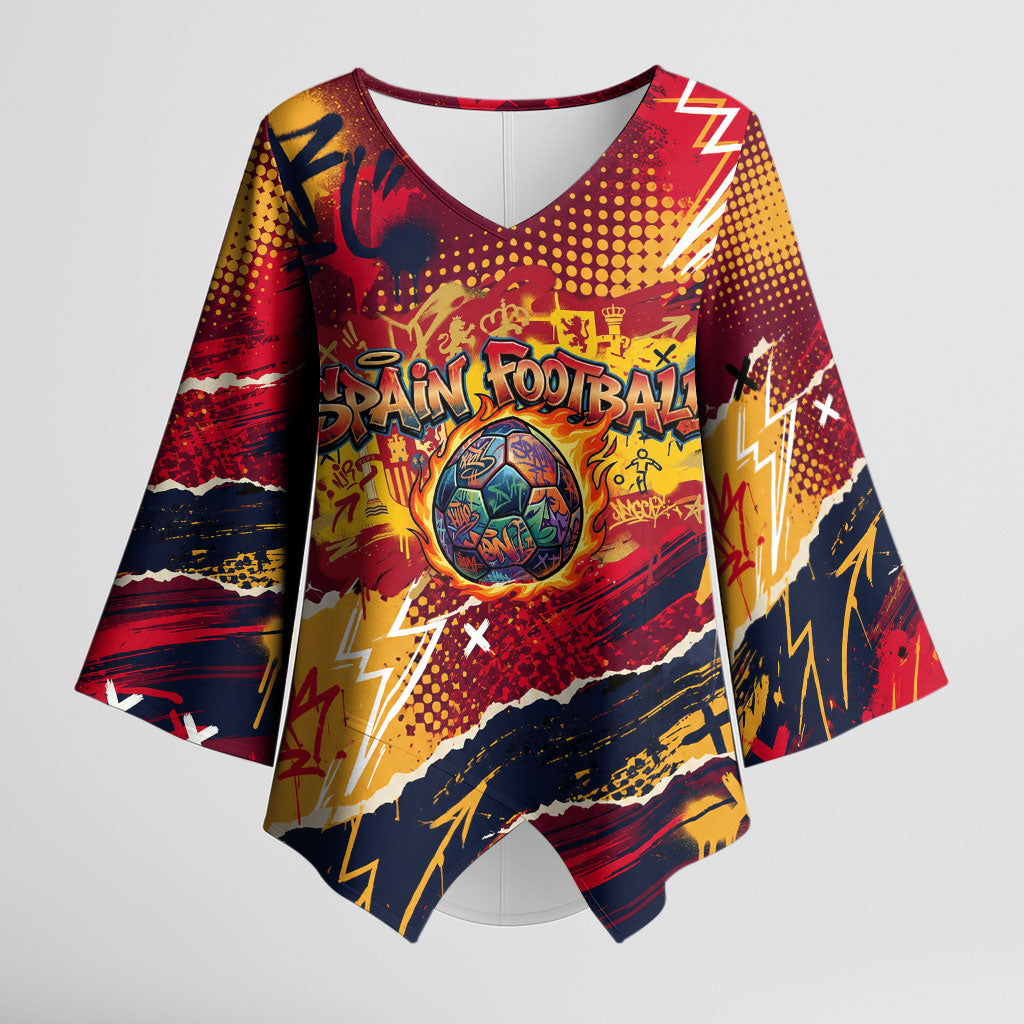 Spain Football Rule The Pitch Kimono Sleeve Blouse Urban Graffiti Soccer Player Flaming Ball