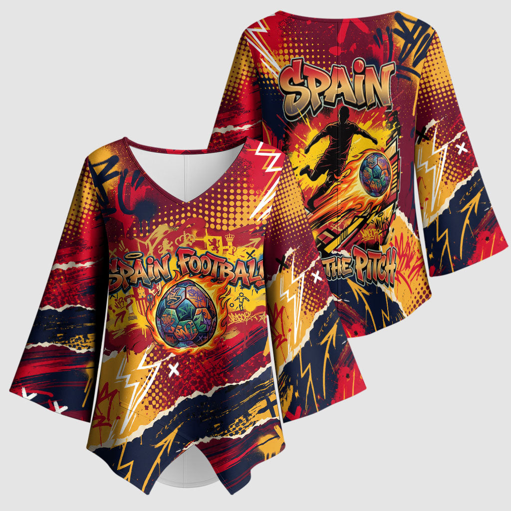 Spain Football Rule The Pitch Kimono Sleeve Blouse Urban Graffiti Soccer Player Flaming Ball