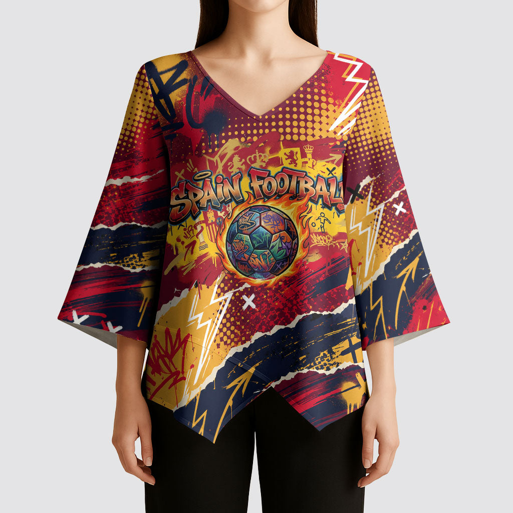 Spain Football Rule The Pitch Kimono Sleeve Blouse Urban Graffiti Soccer Player Flaming Ball
