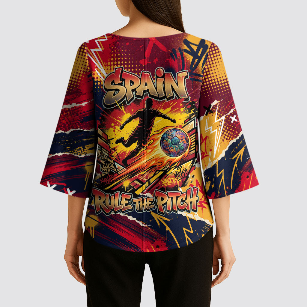 Spain Football Rule The Pitch Kimono Sleeve Blouse Urban Graffiti Soccer Player Flaming Ball