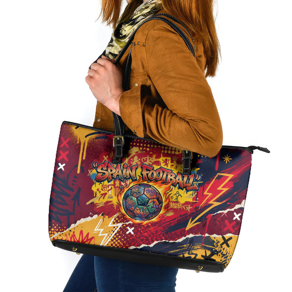 Spain Football Rule The Pitch Leather Tote Bag Urban Graffiti Soccer Player Flaming Ball