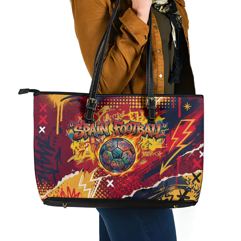 Spain Football Rule The Pitch Leather Tote Bag Urban Graffiti Soccer Player Flaming Ball