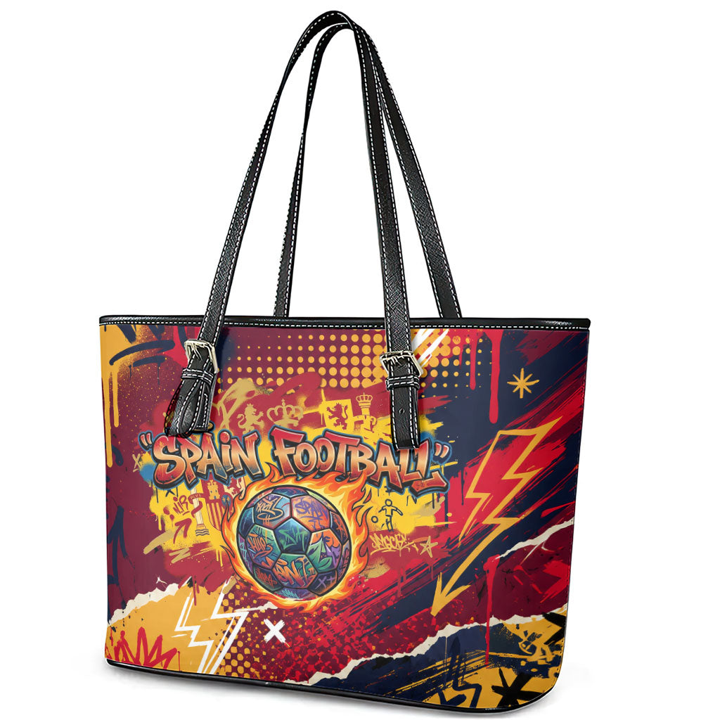 Spain Football Rule The Pitch Leather Tote Bag Urban Graffiti Soccer Player Flaming Ball