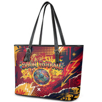 Spain Football Rule The Pitch Leather Tote Bag Urban Graffiti Soccer Player Flaming Ball