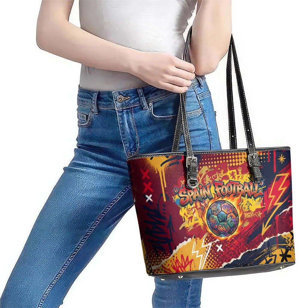 Spain Football Rule The Pitch Leather Tote Bag Urban Graffiti Soccer Player Flaming Ball
