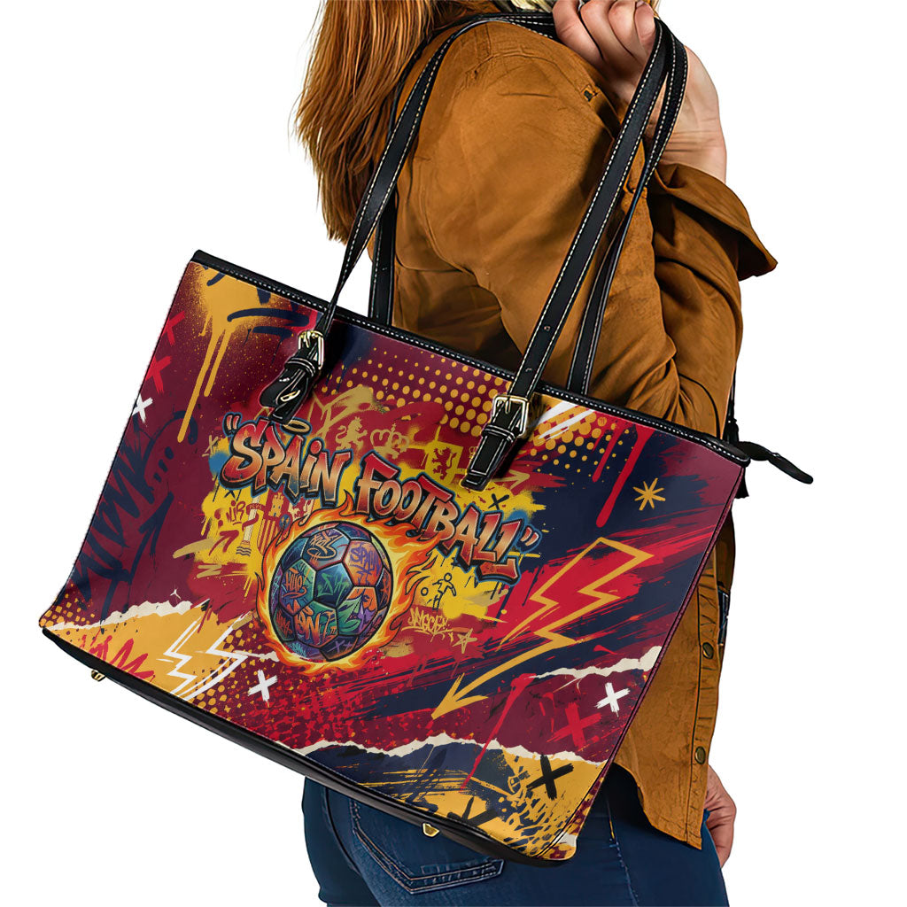 Spain Football Rule The Pitch Leather Tote Bag Urban Graffiti Soccer Player Flaming Ball