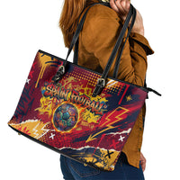 Spain Football Rule The Pitch Leather Tote Bag Urban Graffiti Soccer Player Flaming Ball