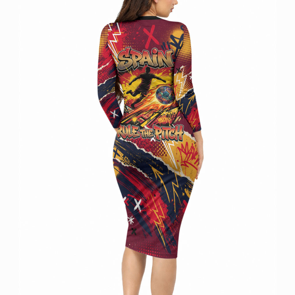Spain Football Rule The Pitch Long Sleeve Bodycon Dress Urban Graffiti Soccer Player Flaming Ball