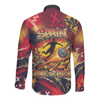 Spain Football Rule The Pitch Long Sleeve Button Shirt Urban Graffiti Soccer Player Flaming Ball
