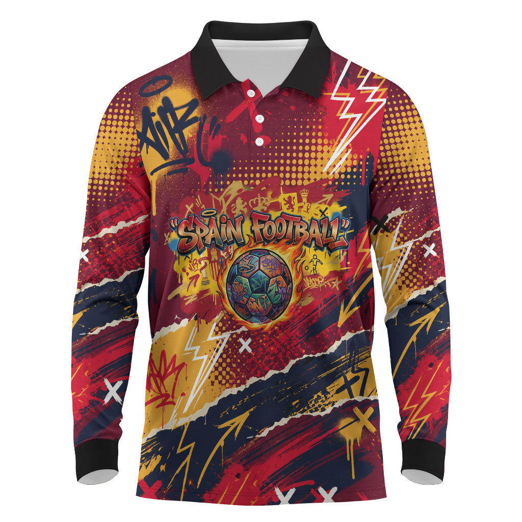 Spain Football Rule The Pitch Long Sleeve Polo Shirt Urban Graffiti Soccer Player Flaming Ball