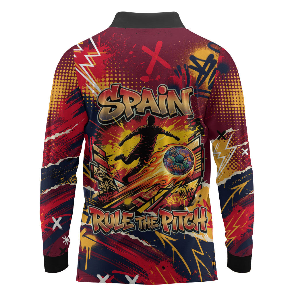 Spain Football Rule The Pitch Long Sleeve Polo Shirt Urban Graffiti Soccer Player Flaming Ball