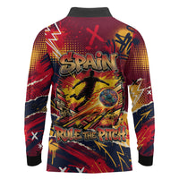 Spain Football Rule The Pitch Long Sleeve Polo Shirt Urban Graffiti Soccer Player Flaming Ball