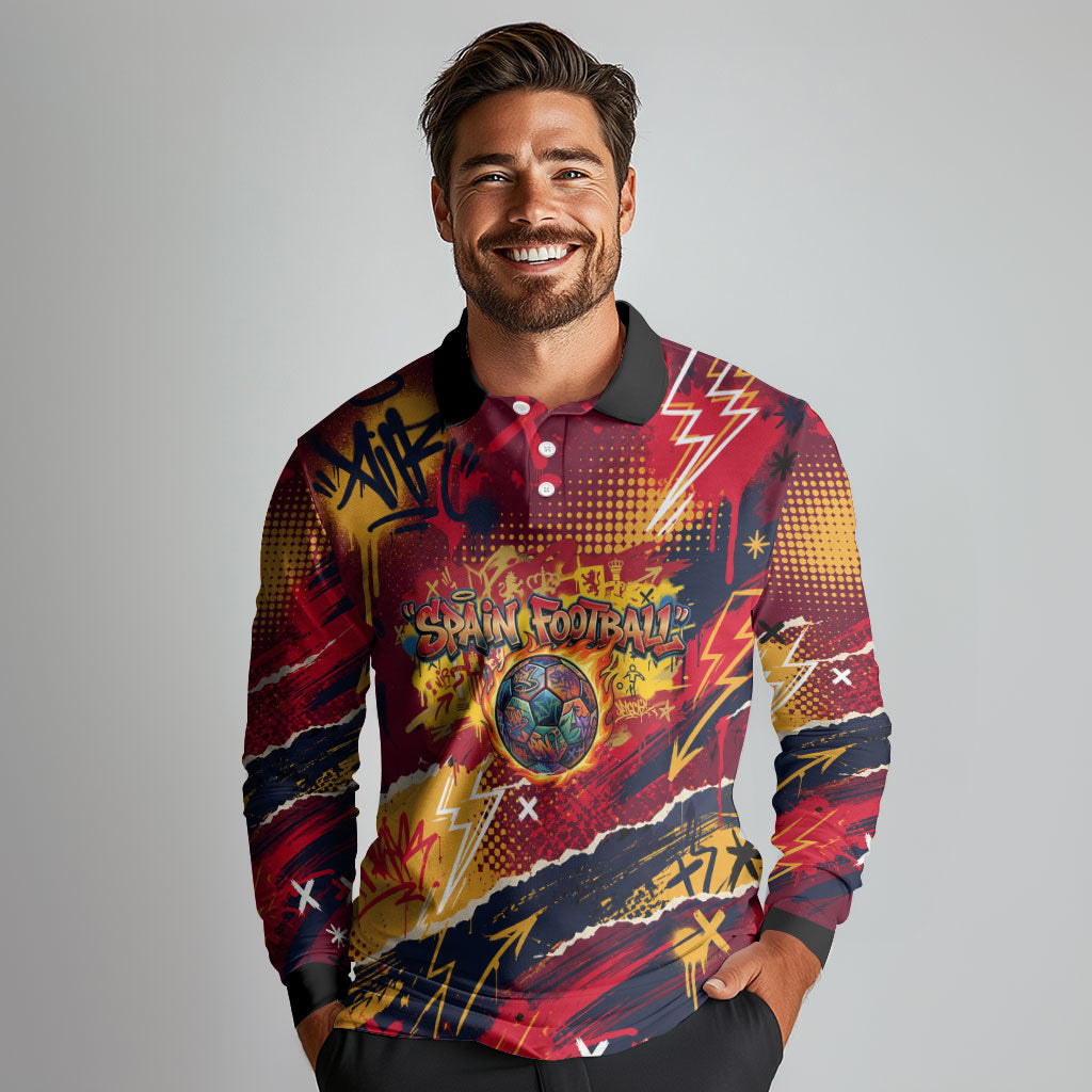 Spain Football Rule The Pitch Long Sleeve Polo Shirt Urban Graffiti Soccer Player Flaming Ball