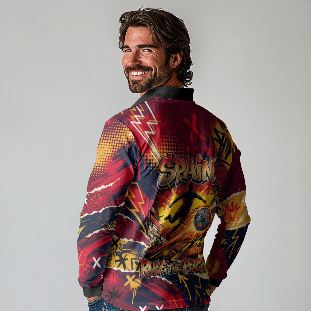 Spain Football Rule The Pitch Long Sleeve Polo Shirt Urban Graffiti Soccer Player Flaming Ball