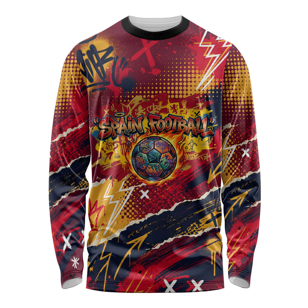 Spain Football Rule The Pitch Long Sleeve Shirt Urban Graffiti Soccer Player Flaming Ball