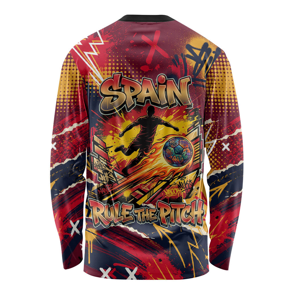 Spain Football Rule The Pitch Long Sleeve Shirt Urban Graffiti Soccer Player Flaming Ball