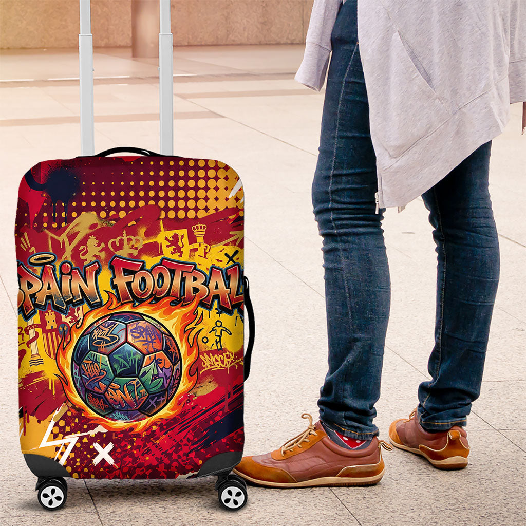 Spain Football Rule The Pitch Luggage Cover Urban Graffiti Soccer Player Flaming Ball