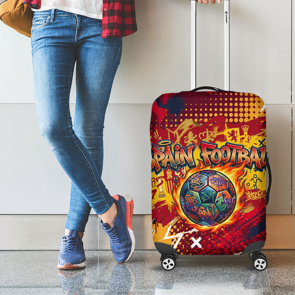 Spain Football Rule The Pitch Luggage Cover Urban Graffiti Soccer Player Flaming Ball