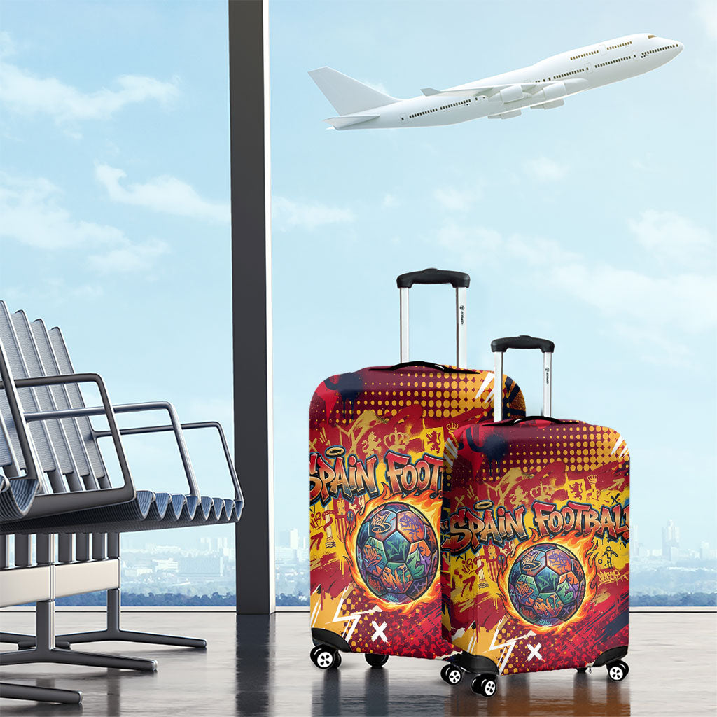 Spain Football Rule The Pitch Luggage Cover Urban Graffiti Soccer Player Flaming Ball