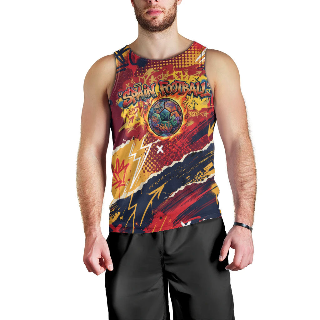 Spain Football Rule The Pitch Men Tank Top Urban Graffiti Soccer Player Flaming Ball