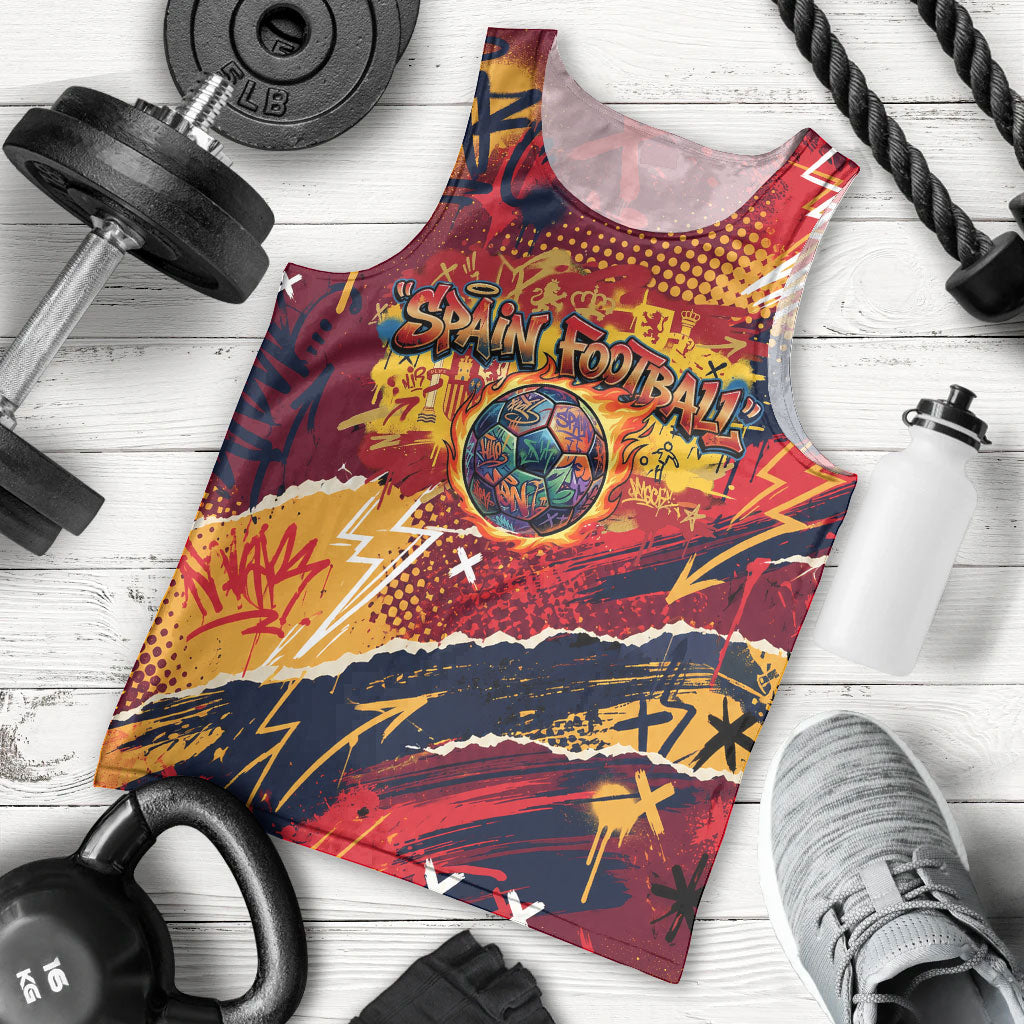 Spain Football Rule The Pitch Men Tank Top Urban Graffiti Soccer Player Flaming Ball
